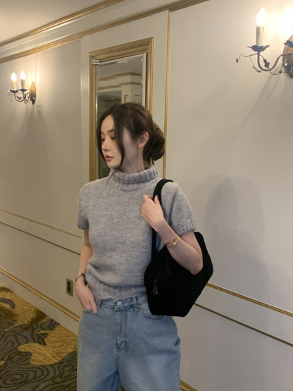 【即納】ハイネックリブニットトップス