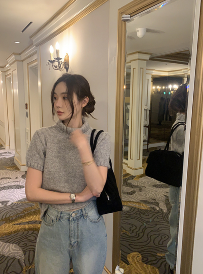 【即納】ハイネックリブニットトップス