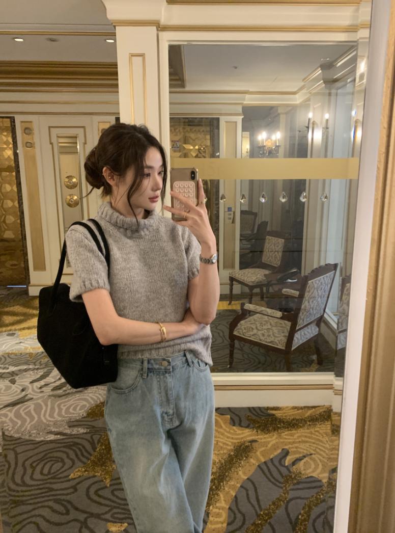 【即納】ハイネックリブニットトップス