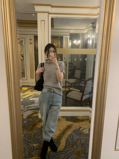 【即納】ハイネックリブニットトップス