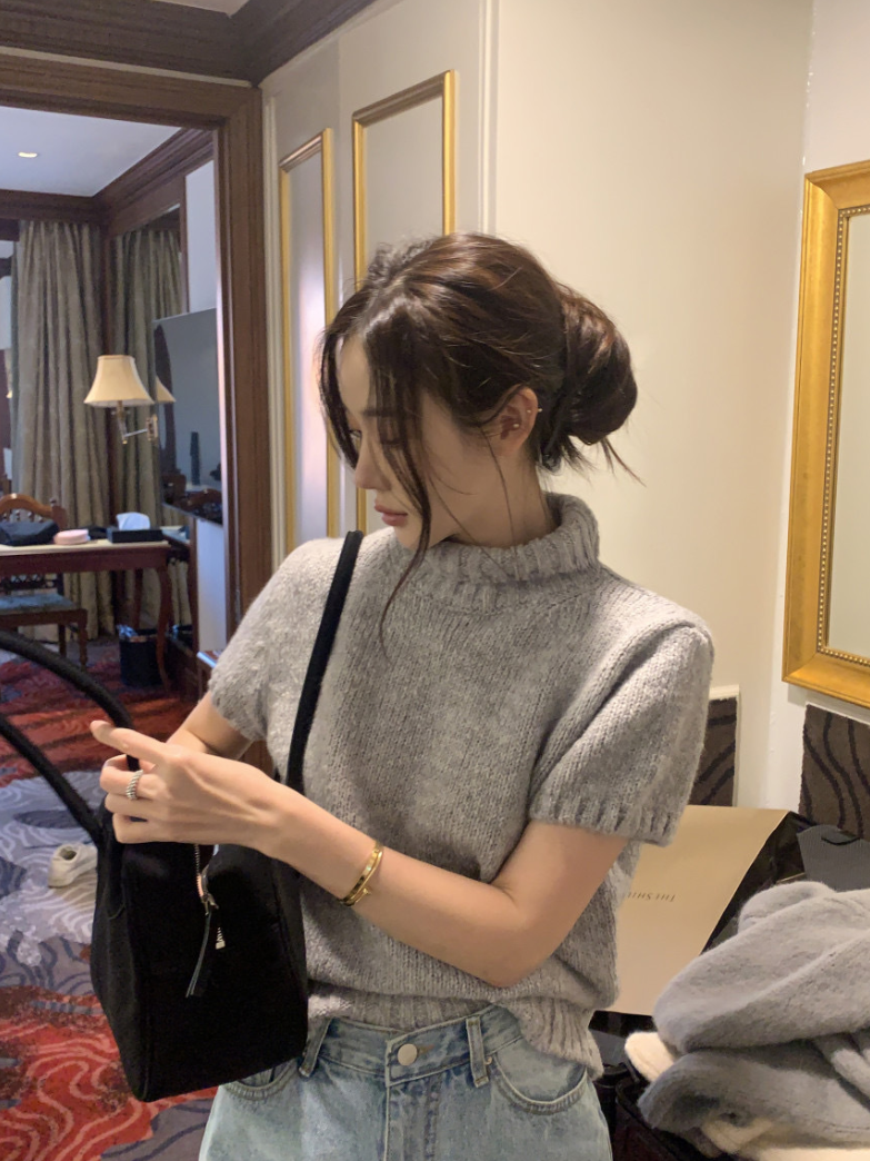 【即納】ハイネックリブニットトップス