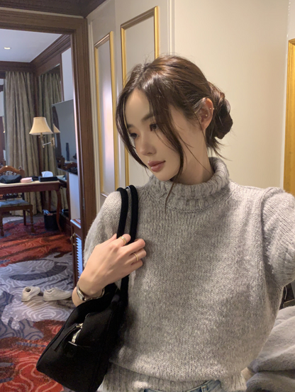 【即納】ハイネックリブニットトップス