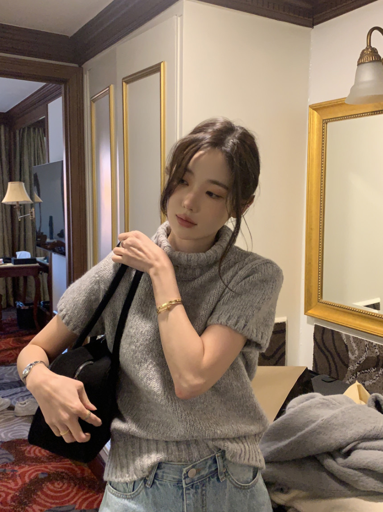 【即納】ハイネックリブニットトップス