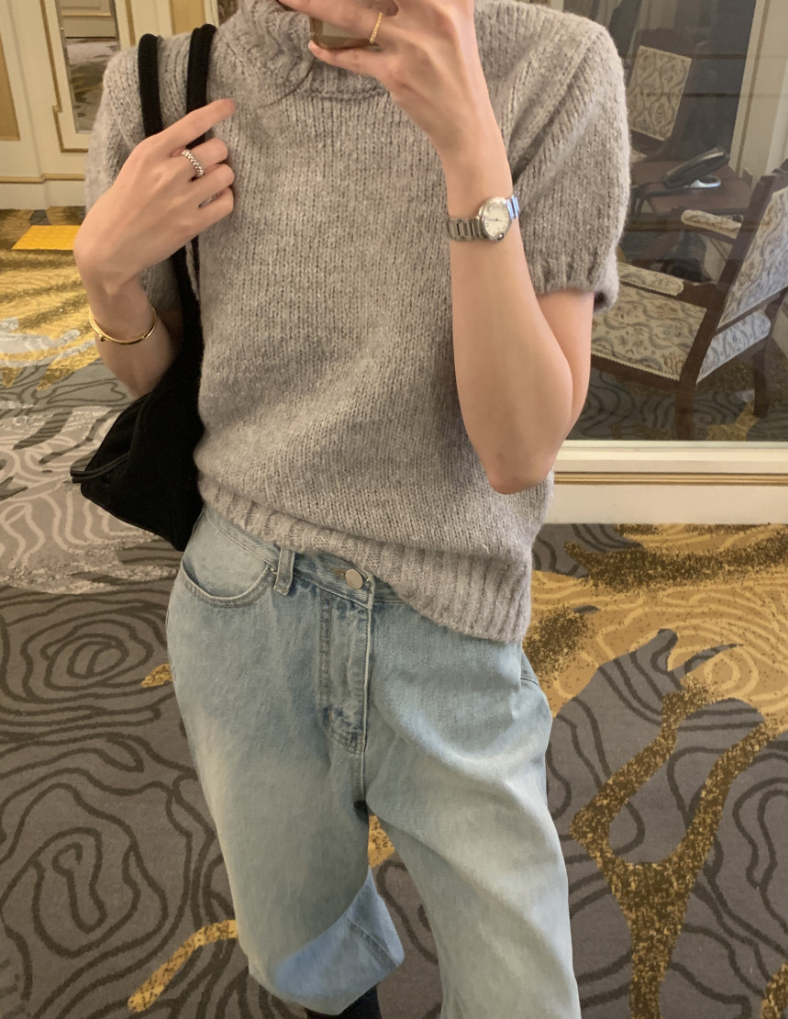 【即納】ハイネックリブニットトップス