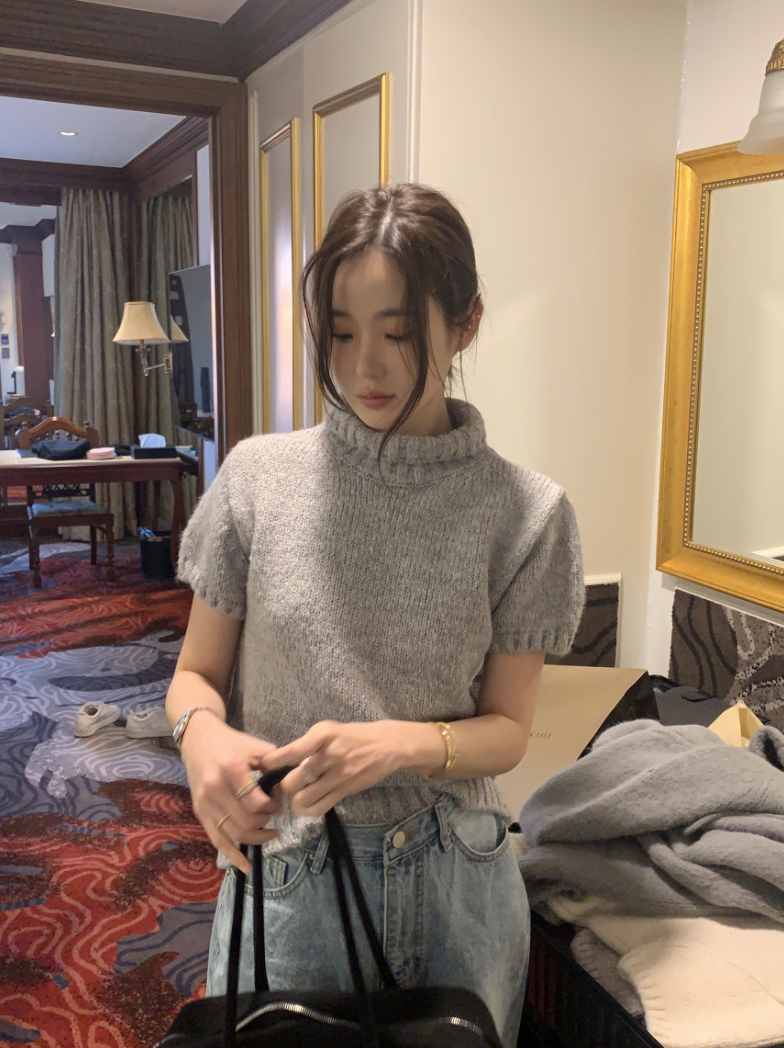 【即納】ハイネックリブニットトップス