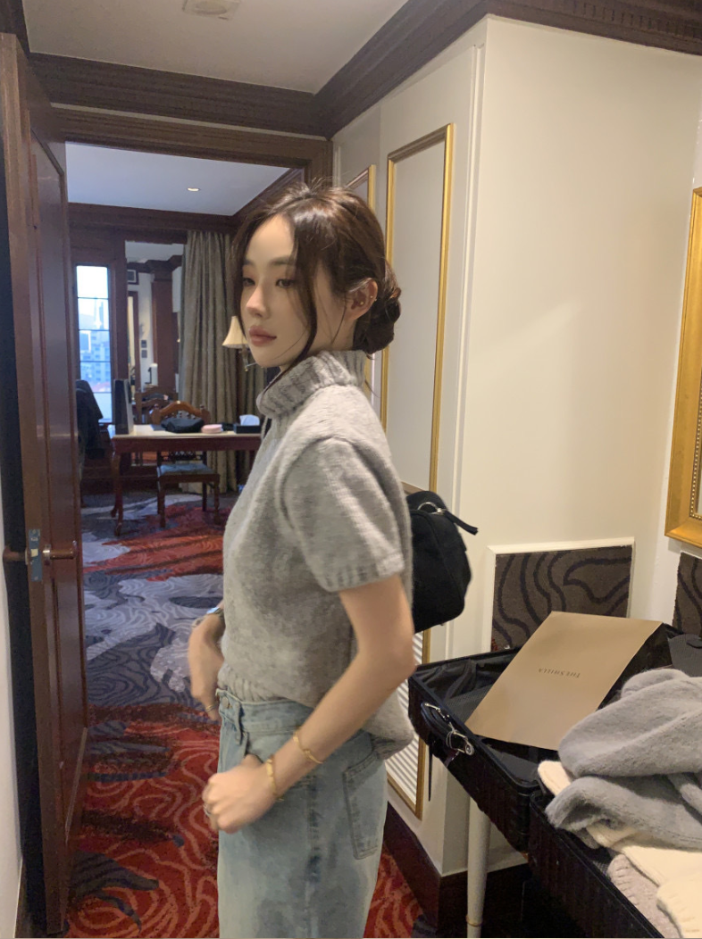 【即納】ハイネックリブニットトップス