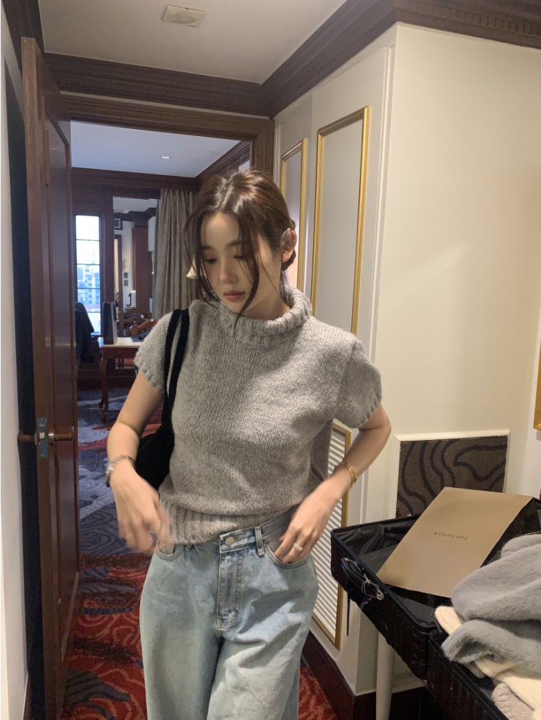 【即納】ハイネックリブニットトップス