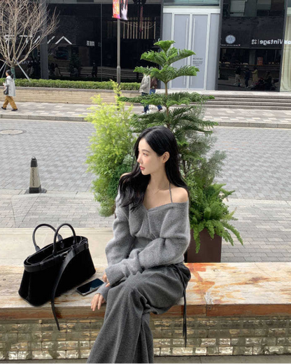 【即納】クロスストラップオフショルニットトップ