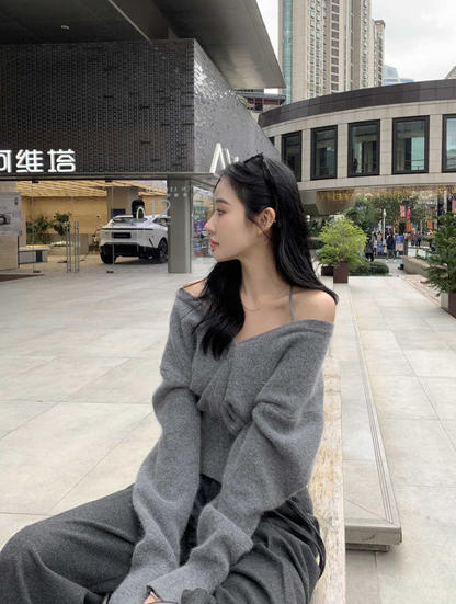 【即納】クロスストラップオフショルニットトップ