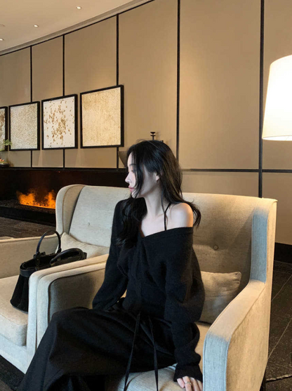 【即納】クロスストラップオフショルニットトップ