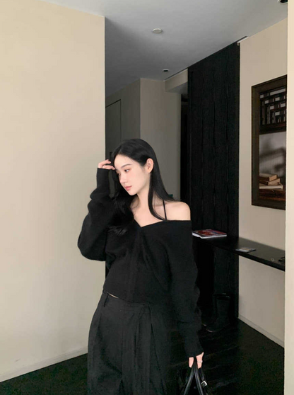 【即納】クロスストラップオフショルニットトップ