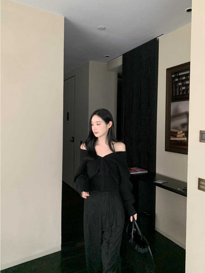 【即納】クロスストラップオフショルニットトップ