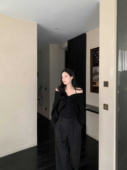 【即納】クロスストラップオフショルニットトップ