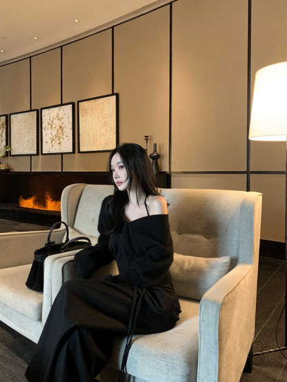 【即納】クロスストラップオフショルニットトップ