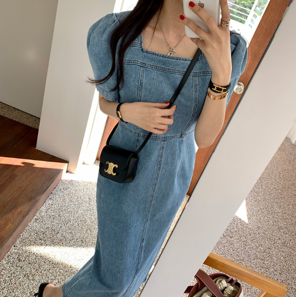 [ Influencer Recommend ]【即納】スクエアネック デニムロングワンピース