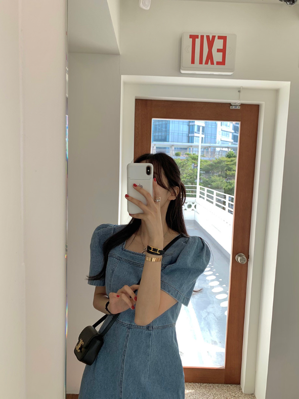 [ Influencer Recommend ]【即納】スクエアネック デニムロングワンピース