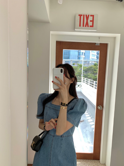 [ Influencer Recommend ]【即納】スクエアネック デニムロングワンピース