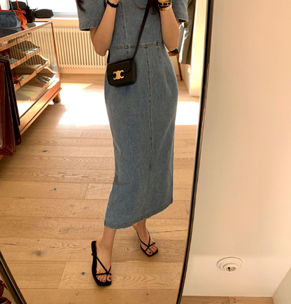 [ Influencer Recommend ]【即納】スクエアネック デニムロングワンピース