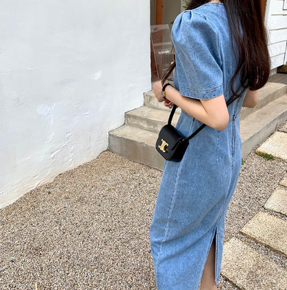 [ Influencer Recommend ]【即納】スクエアネック デニムロングワンピース