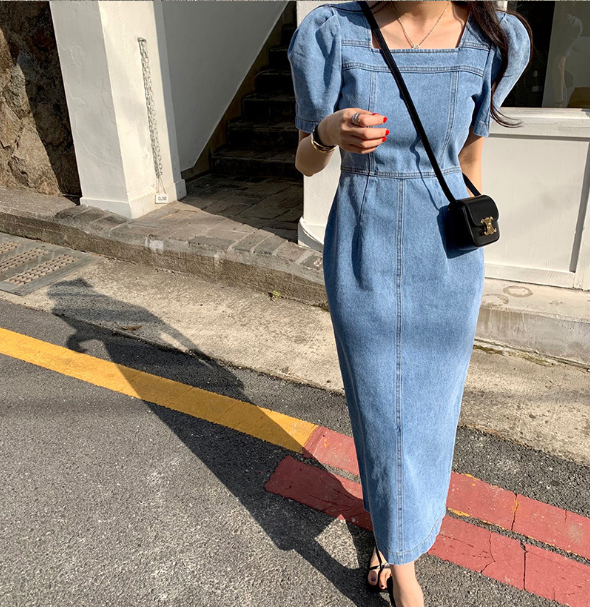[ Influencer Recommend ]【即納】スクエアネック デニムロングワンピース