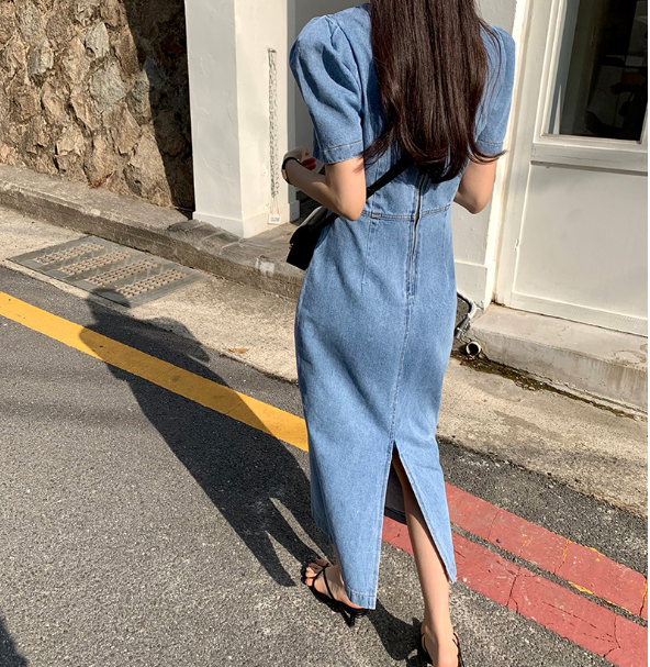 [ Influencer Recommend ]【即納】スクエアネック デニムロングワンピース