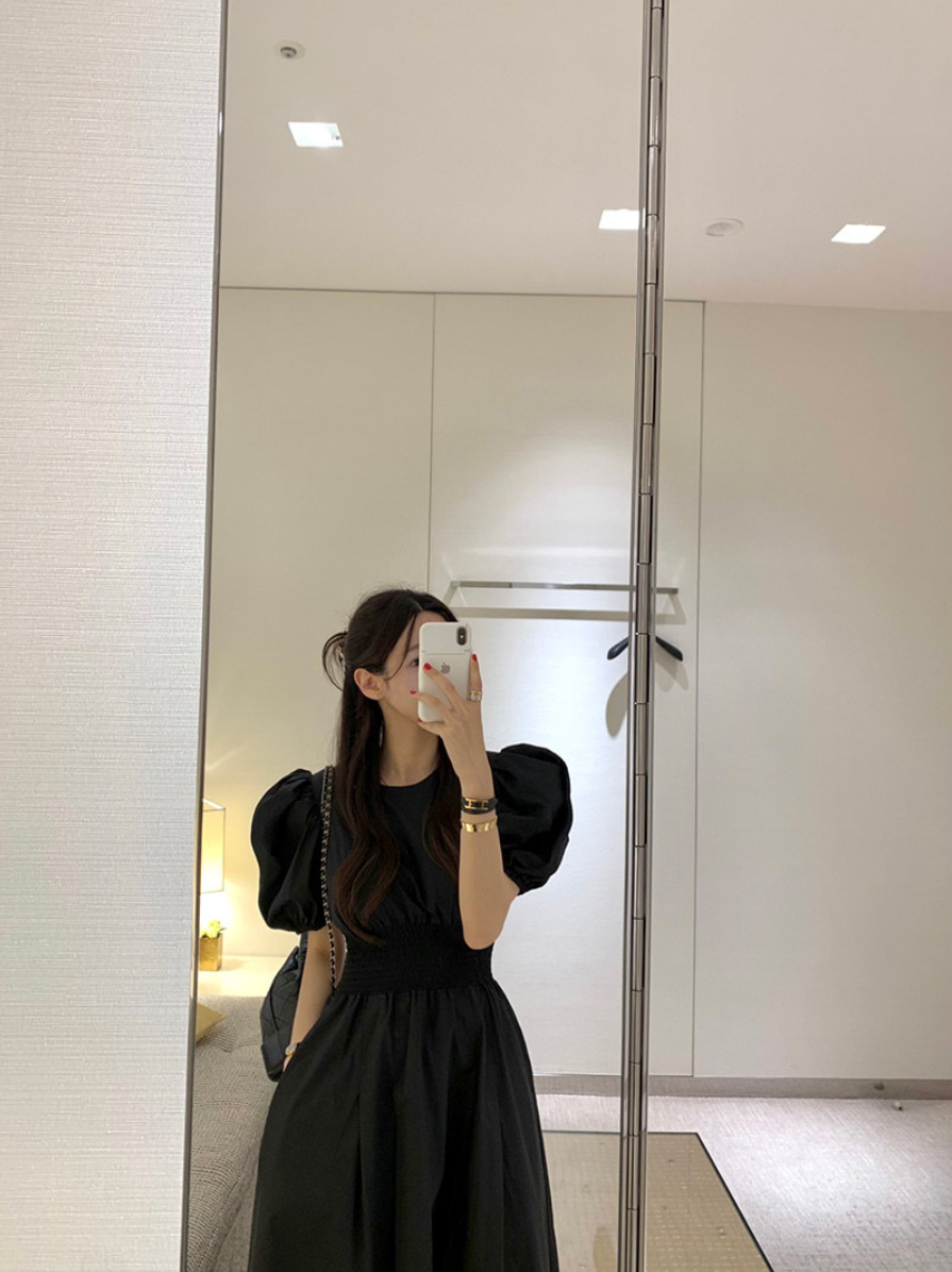 【一部即納】ウエストシャーリング パフスリーブワンピース