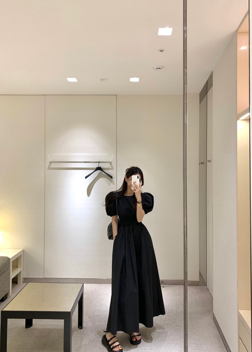 【一部即納】ウエストシャーリング パフスリーブワンピース