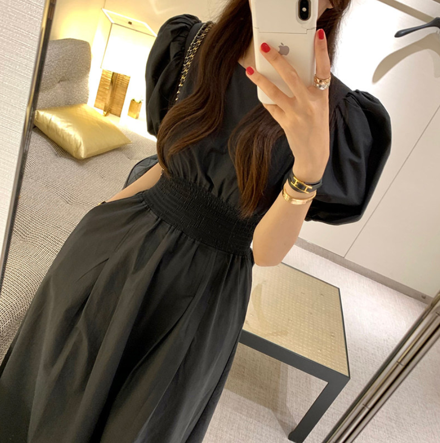 【一部即納】ウエストシャーリング パフスリーブワンピース