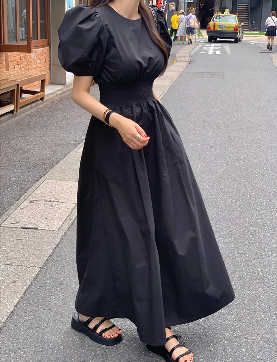 【一部即納】ウエストシャーリング パフスリーブワンピース