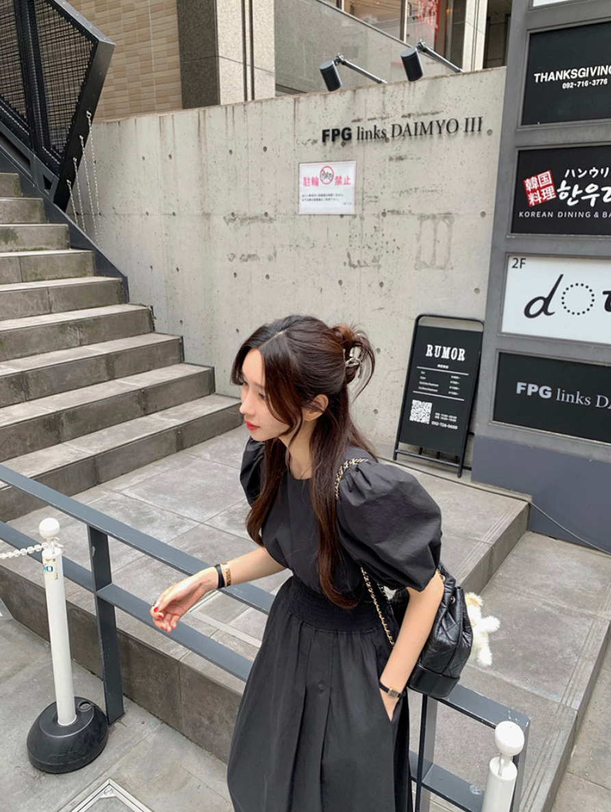 【一部即納】ウエストシャーリング パフスリーブワンピース