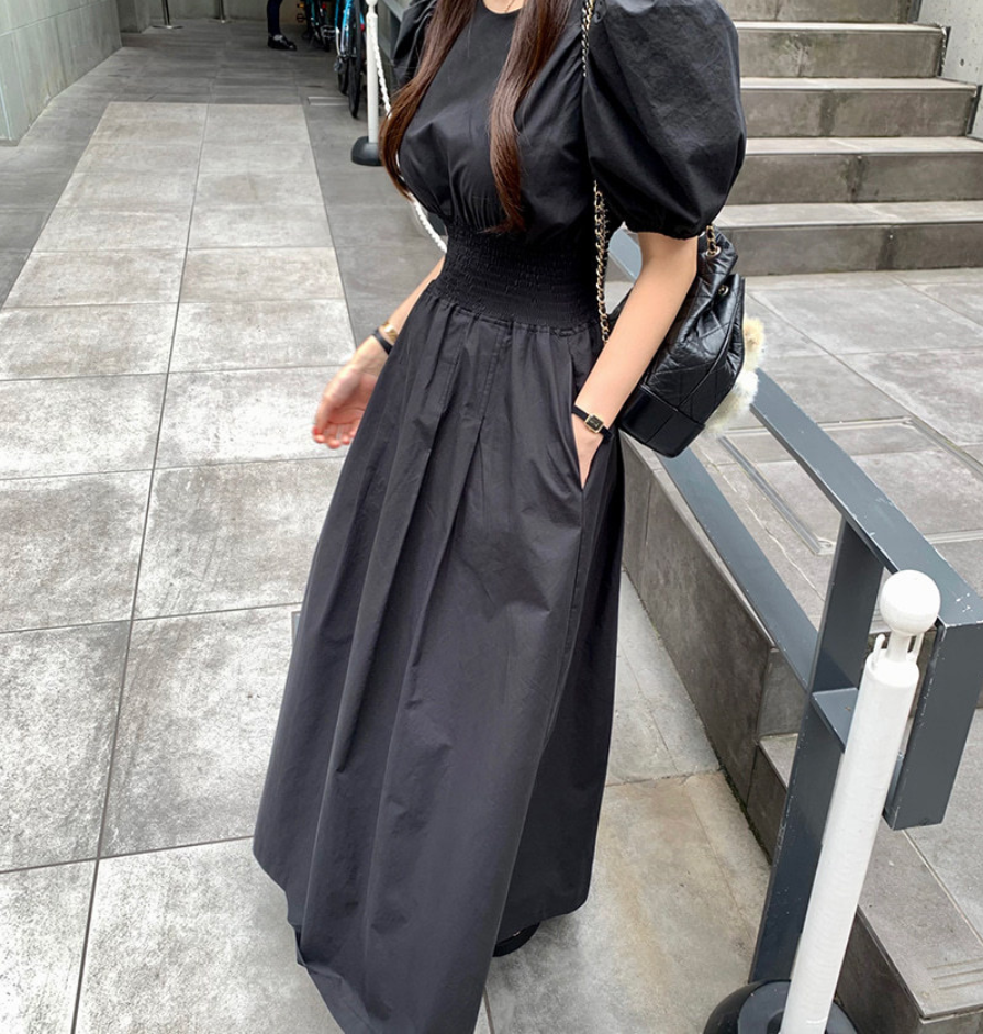 【一部即納】ウエストシャーリング パフスリーブワンピース