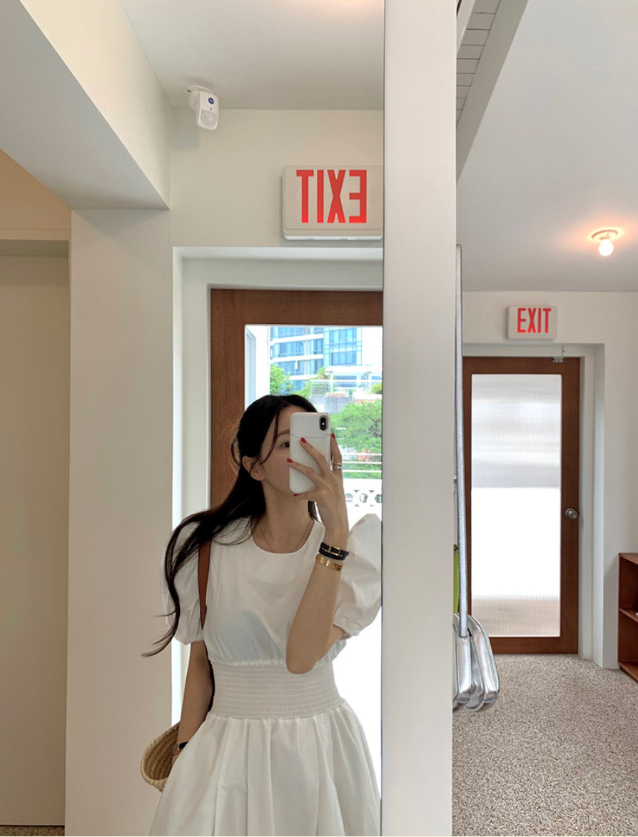 【一部即納】ウエストシャーリング パフスリーブワンピース