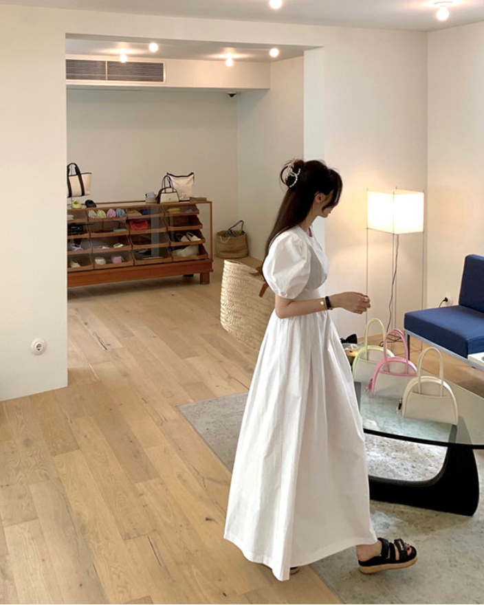 【一部即納】ウエストシャーリング パフスリーブワンピース