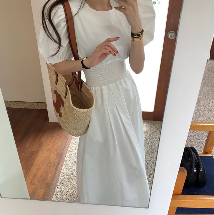 【一部即納】ウエストシャーリング パフスリーブワンピース