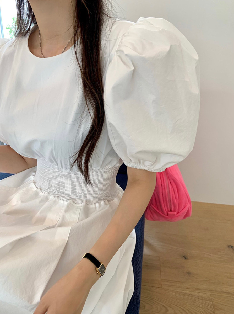 【一部即納】ウエストシャーリング パフスリーブワンピース