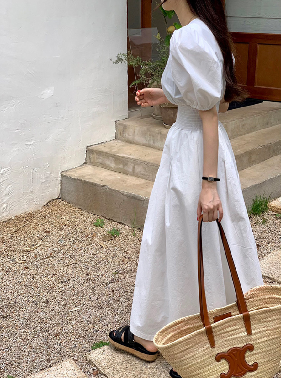 【一部即納】ウエストシャーリング パフスリーブワンピース