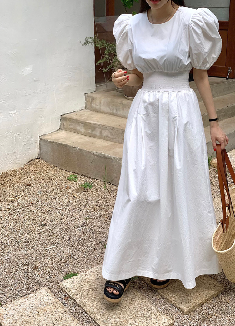 【一部即納】ウエストシャーリング パフスリーブワンピース