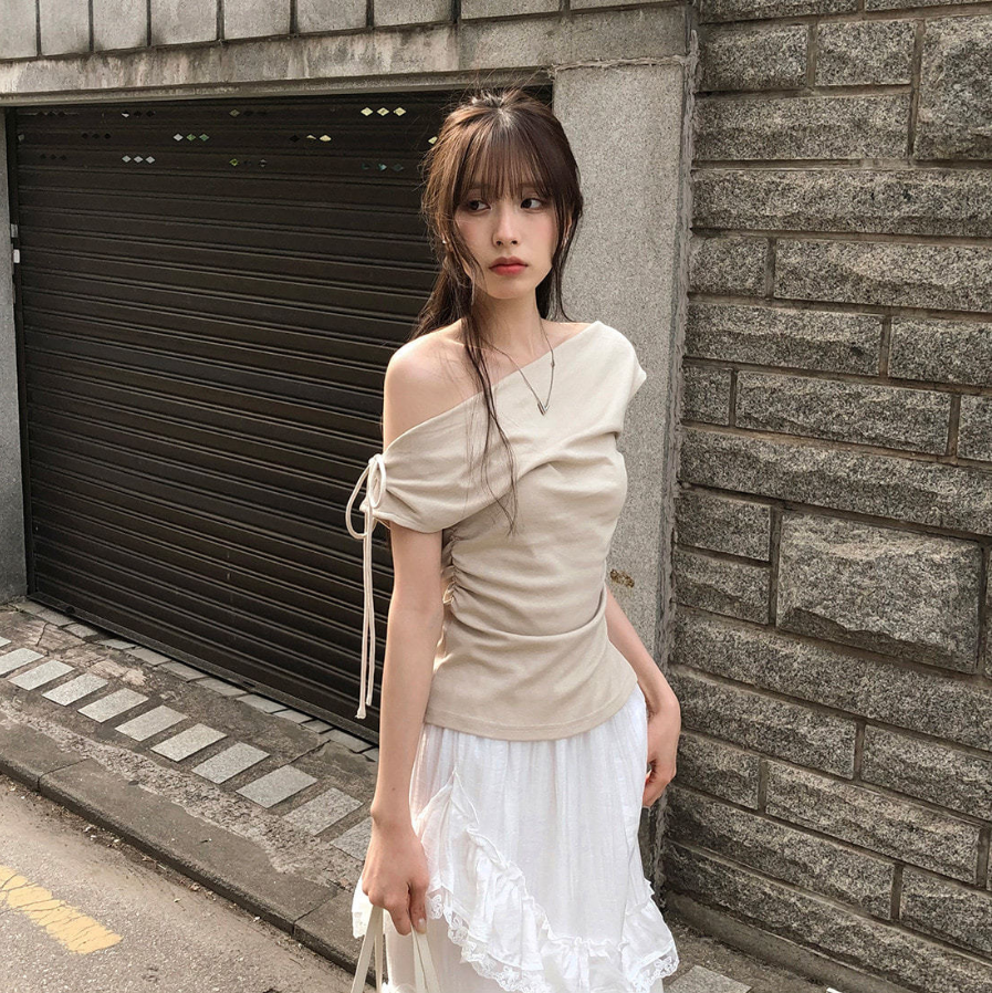 即納【新作 4/10(金)12:00～販売START】ワンショルダー ギャザートップス