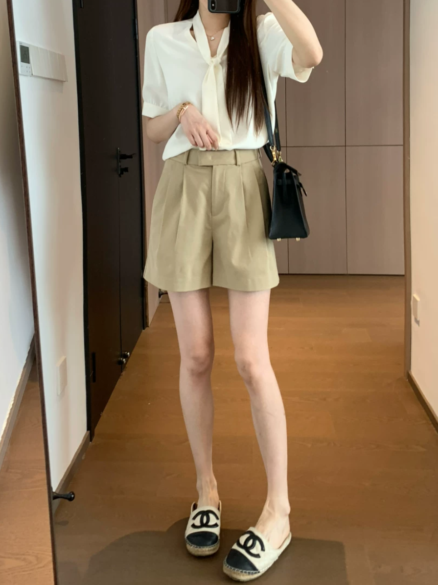 【即納】ハイウエストタックショートパンツ