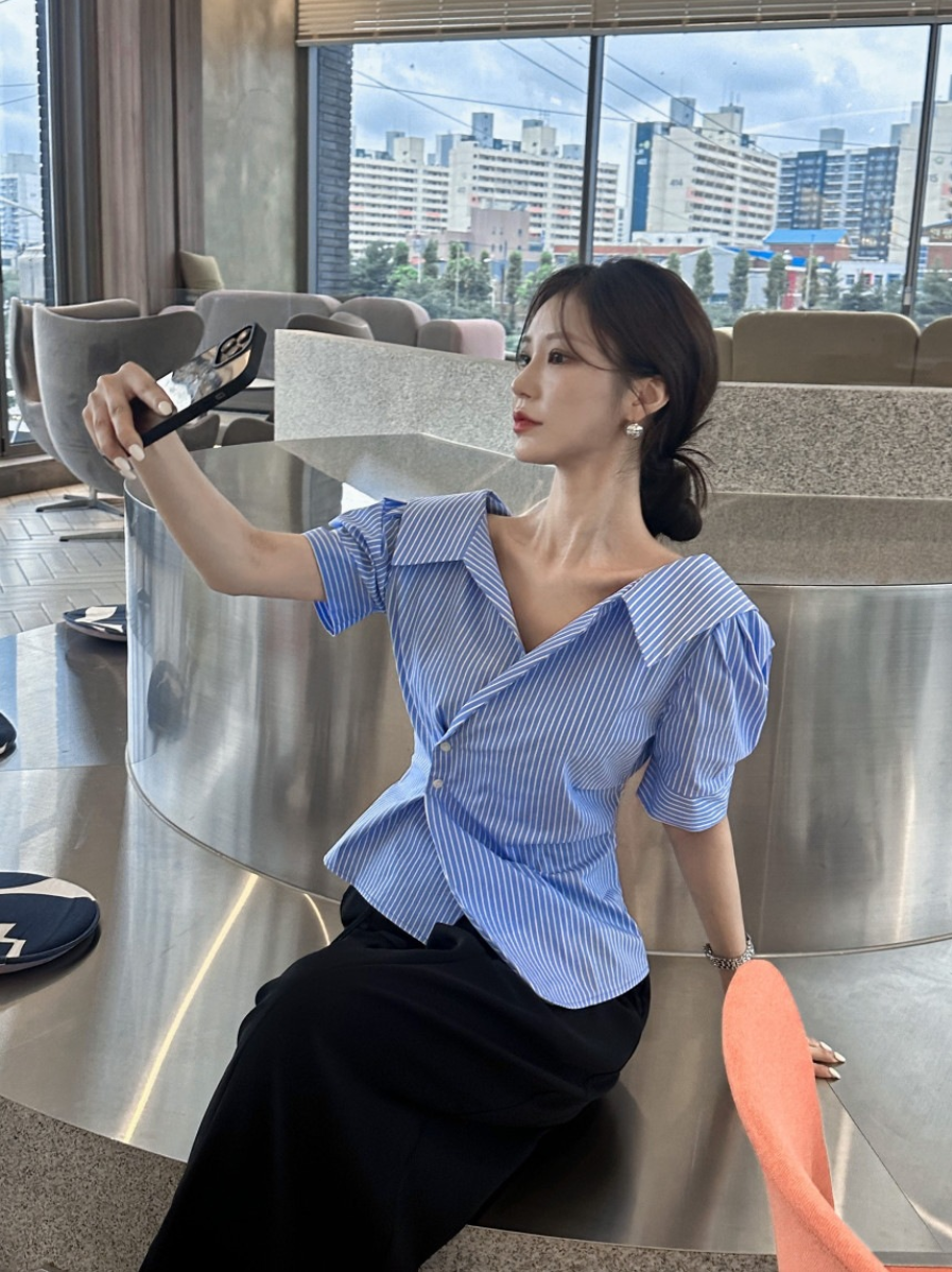 新作【即納 5/22(金)12:00～販売START】アシメオープンカラーシャツ