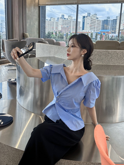 新作【即納 5/22(金)12:00～販売START】アシメオープンカラーシャツ