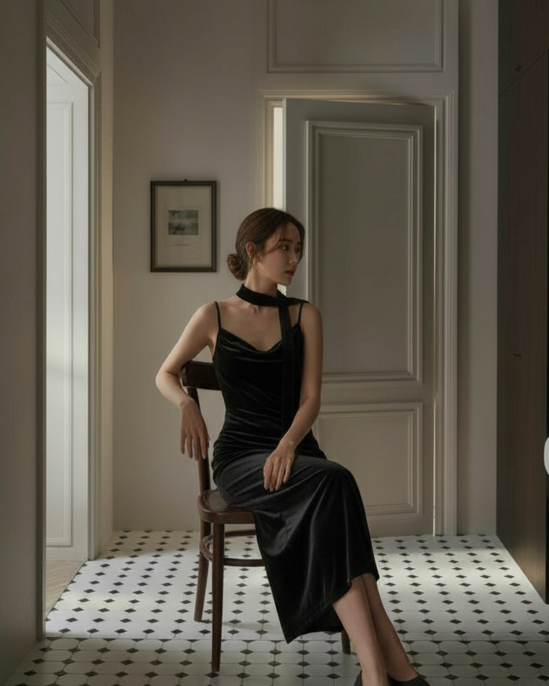 【即納】ドレープライン ベルベットキャミワンピース