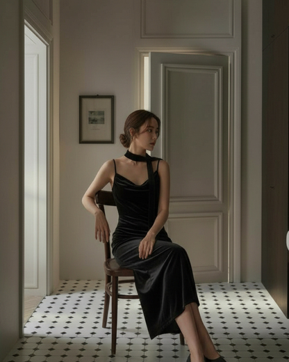 【即納】ドレープライン ベルベットキャミワンピース