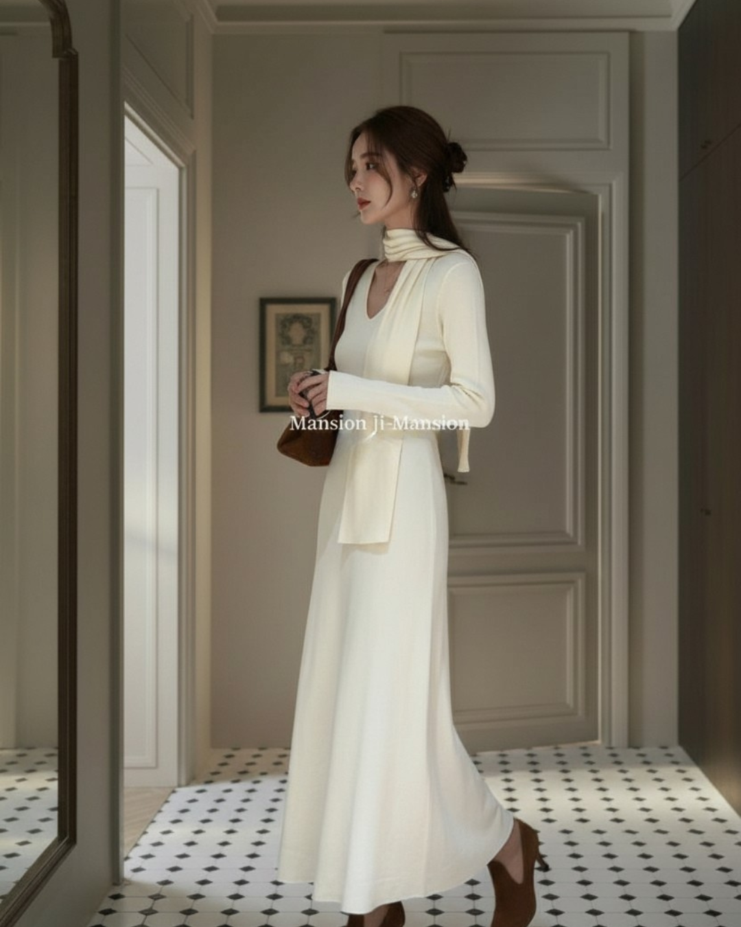 【即納】スカーフネック フレアニットワンピース