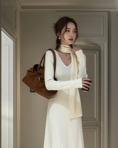 【即納】スカーフネック フレアニットワンピース