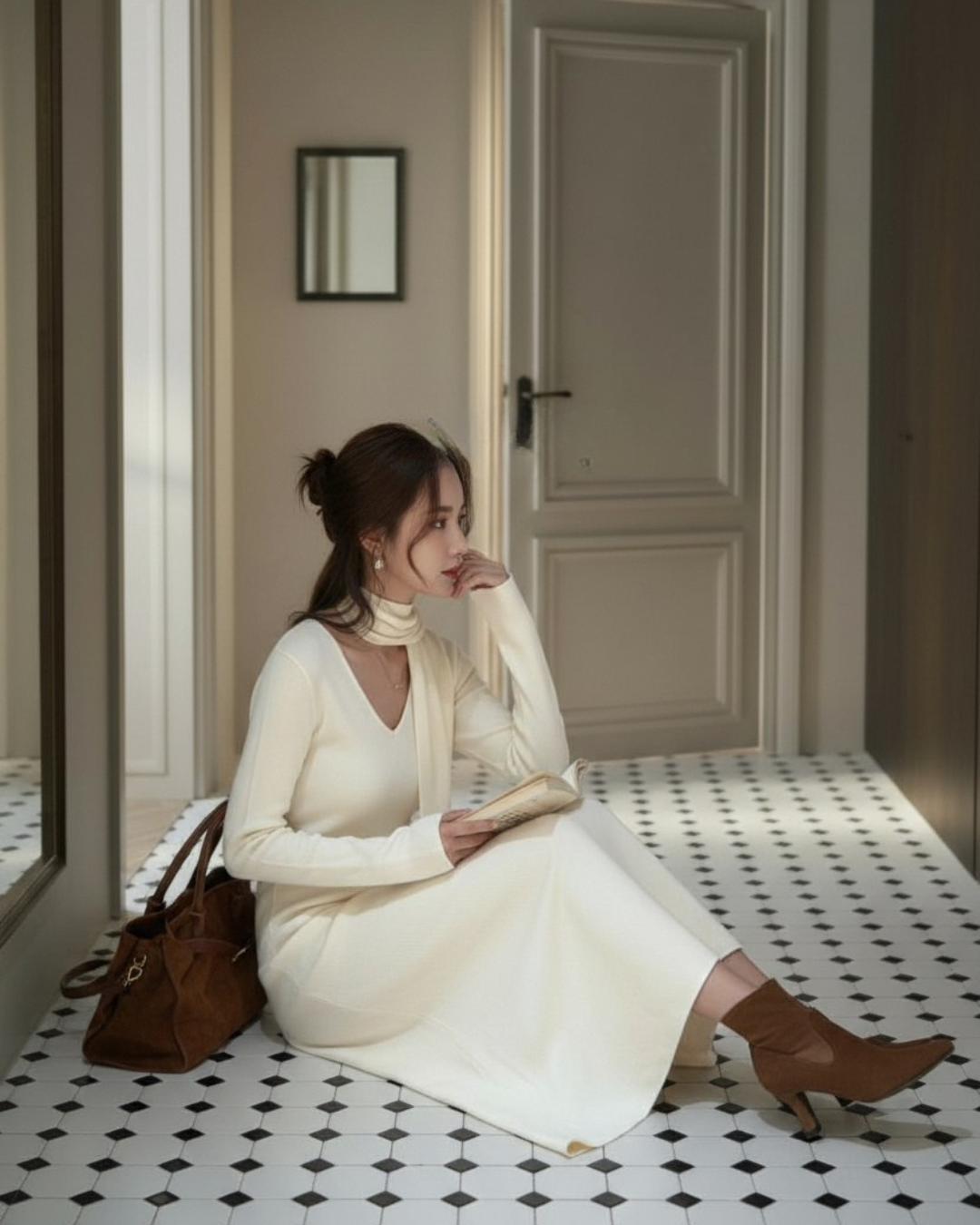 【即納】スカーフネック フレアニットワンピース