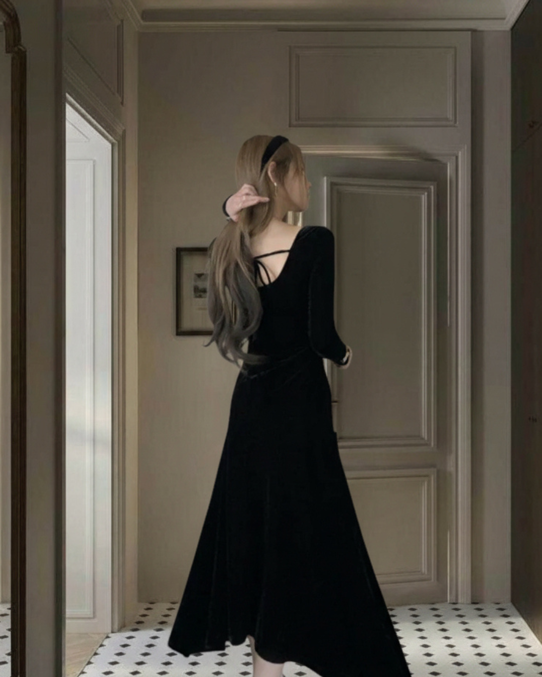 【即納】クラシカルフレアベロアロングドレス