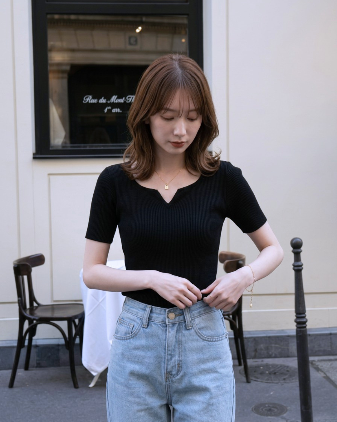 [ Influencer Recommend ]【即納】半袖カーブネックリブニットトップス