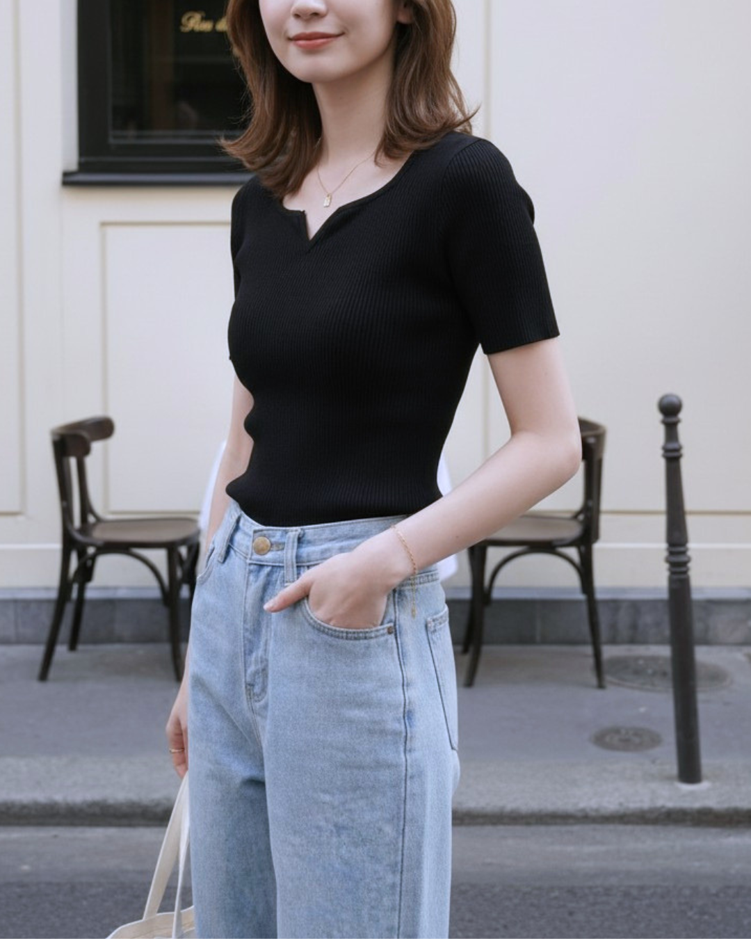 [ Influencer Recommend ]【即納】半袖カーブネックリブニットトップス