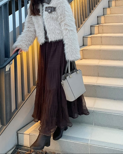 ［ SET ］オフショルダールーズニットプルオーバー×ティアードシフォンロングスカート